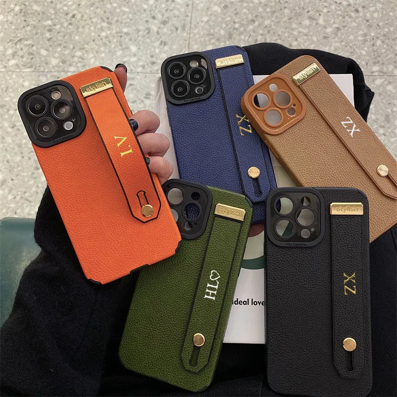 Personalise Gold Initial Letters Leather PU Wristband Cases For Iphone 15 14 11 12 13 Pro Max 16 pro promax  Luxury Soft Covers