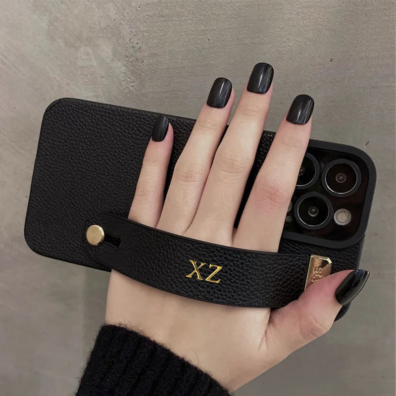 Personalise Gold Initial Letters Leather PU Wristband Cases For Iphone 15 14 11 12 13 Pro Max 16 pro promax  Luxury Soft Covers