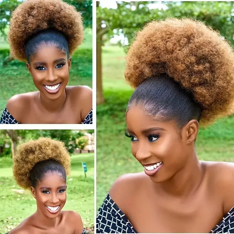 1pc Women's 10-Inch Afro Kinky Curly Synthetic Ponytail Extension Drawstring Afro Puff Basic Style Hair Bun Wig for Daily Use