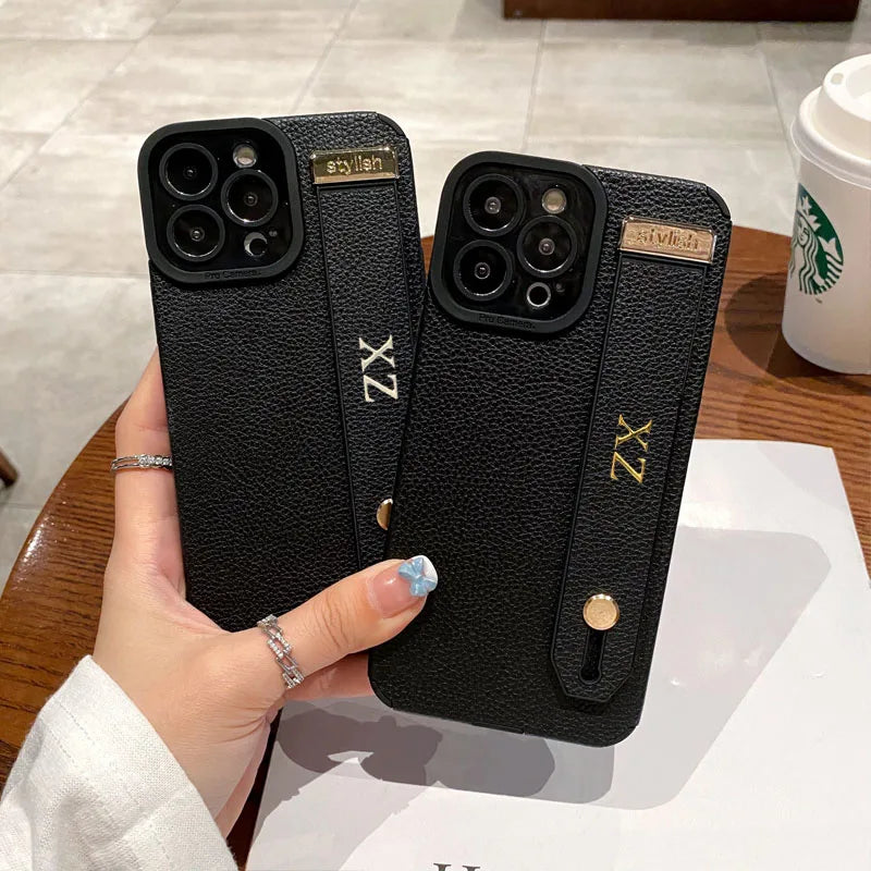 Personalise Gold Initial Letters Leather PU Wristband Cases For Iphone 15 14 11 12 13 Pro Max 16 pro promax  Luxury Soft Covers